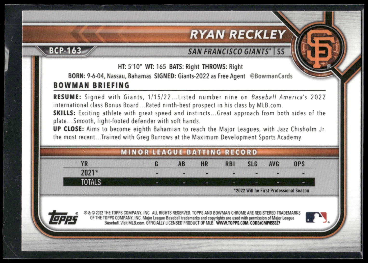 2022 Bowman Chrome #BCP-163 Ryan Reckley Prospects