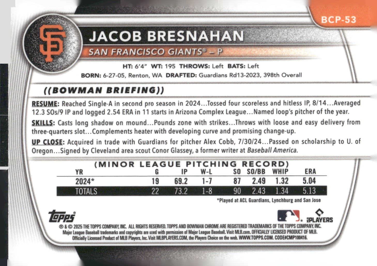 2025 Bowman #BCP-53 Jacob Bresnahan Chrome Prospects