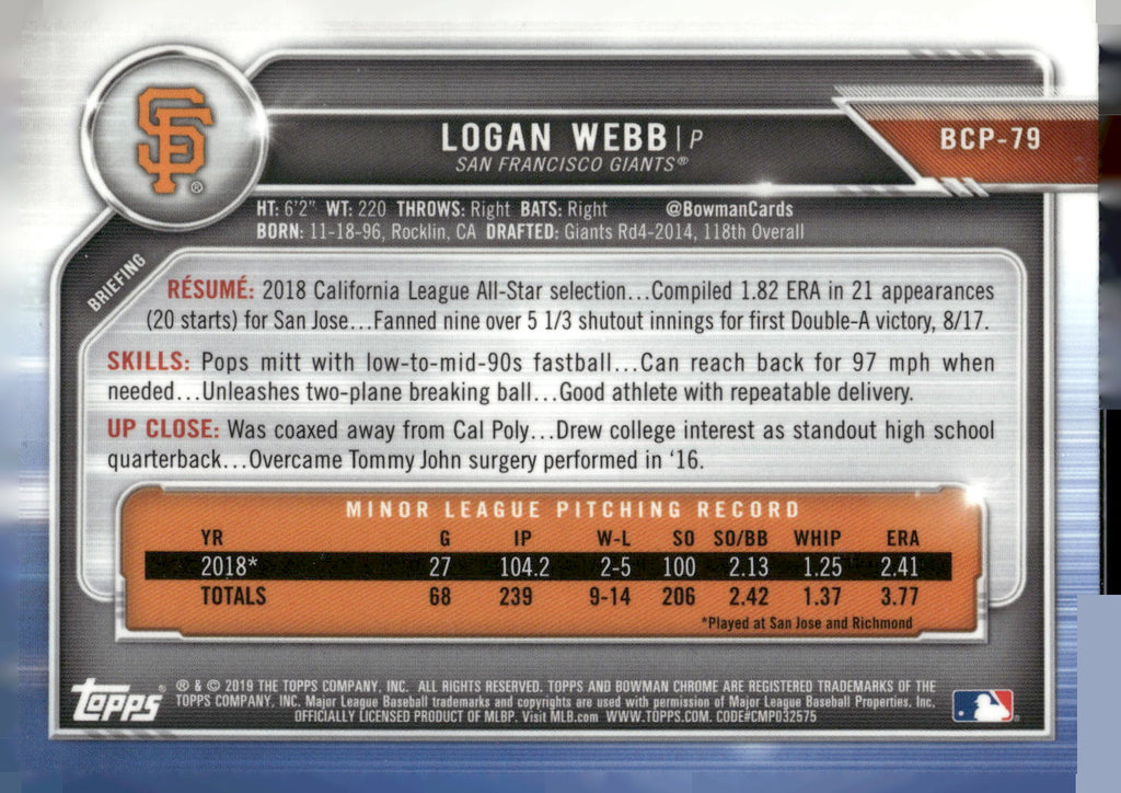 2019 Bowman #BCP-79 Logan Webb Chrome Prospects