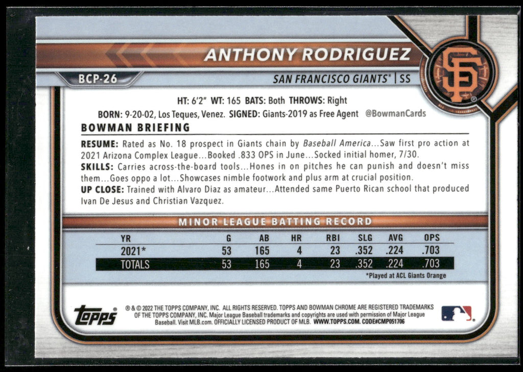 2022 Bowman #BCP-26 Anthony Rodriguez Chrome Prospects