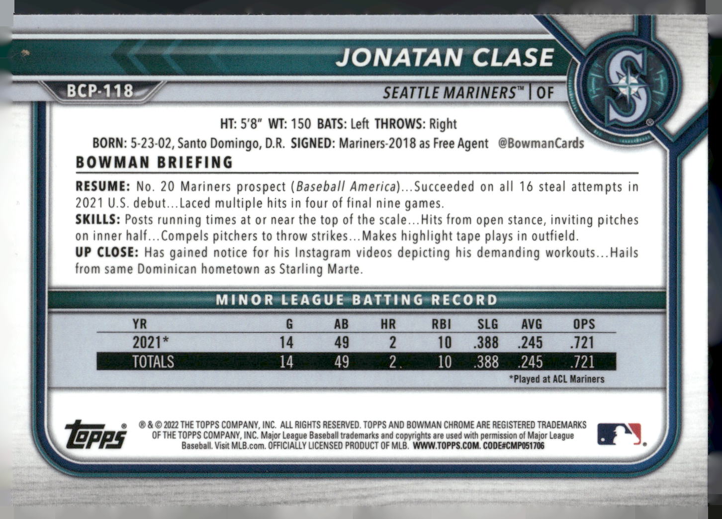 2022 Bowman #BCP-118 Jonatan Clase Chrome Prospects