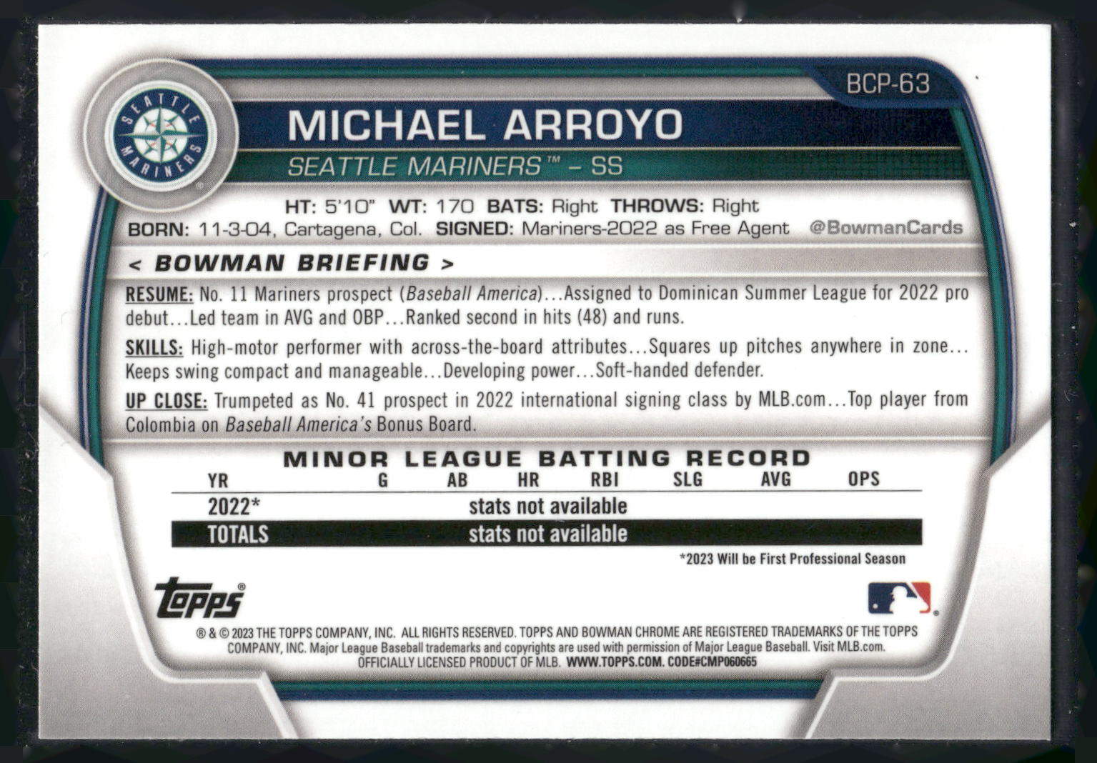 2023 Bowman #BCP-63 Michael Arroyo Chrome Prospects