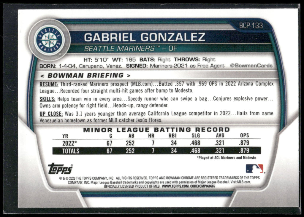 2023 Bowman #BCP-133 Gabriel Gonzalez Chrome Prospects