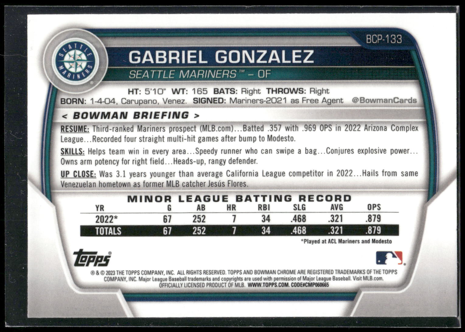 2023 Bowman #BCP-133 Gabriel Gonzalez Chrome Prospects