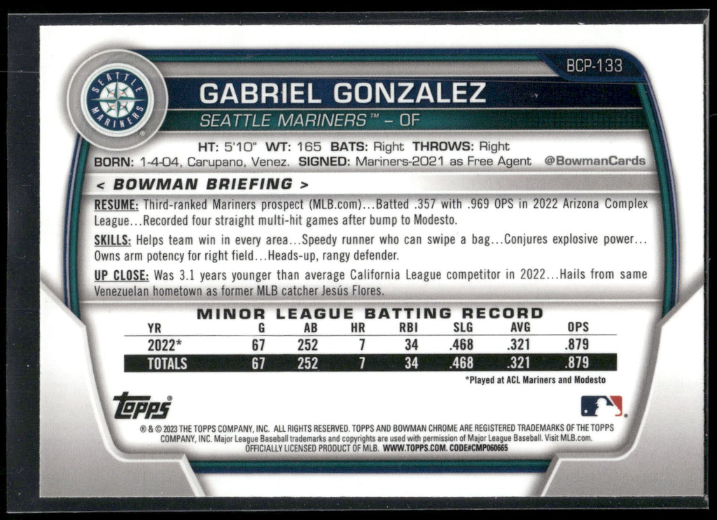 2023 Bowman #BCP-133 Gabriel Gonzalez Chrome Prospects