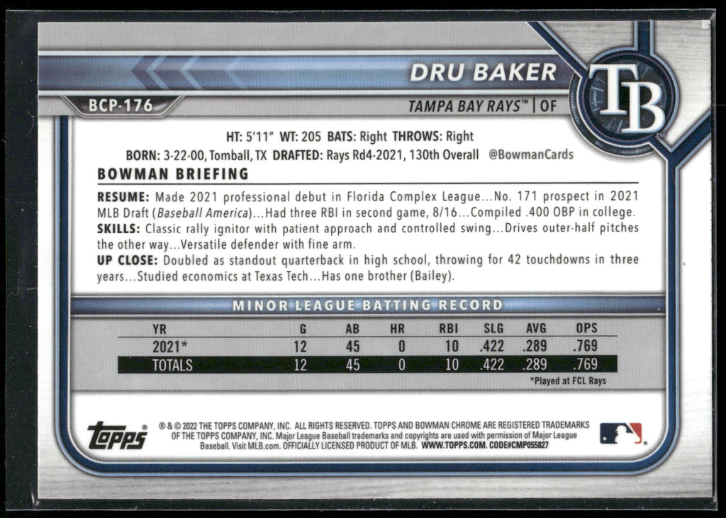 2022 Bowman Chrome #BCP-176 Dru Baker Prospects