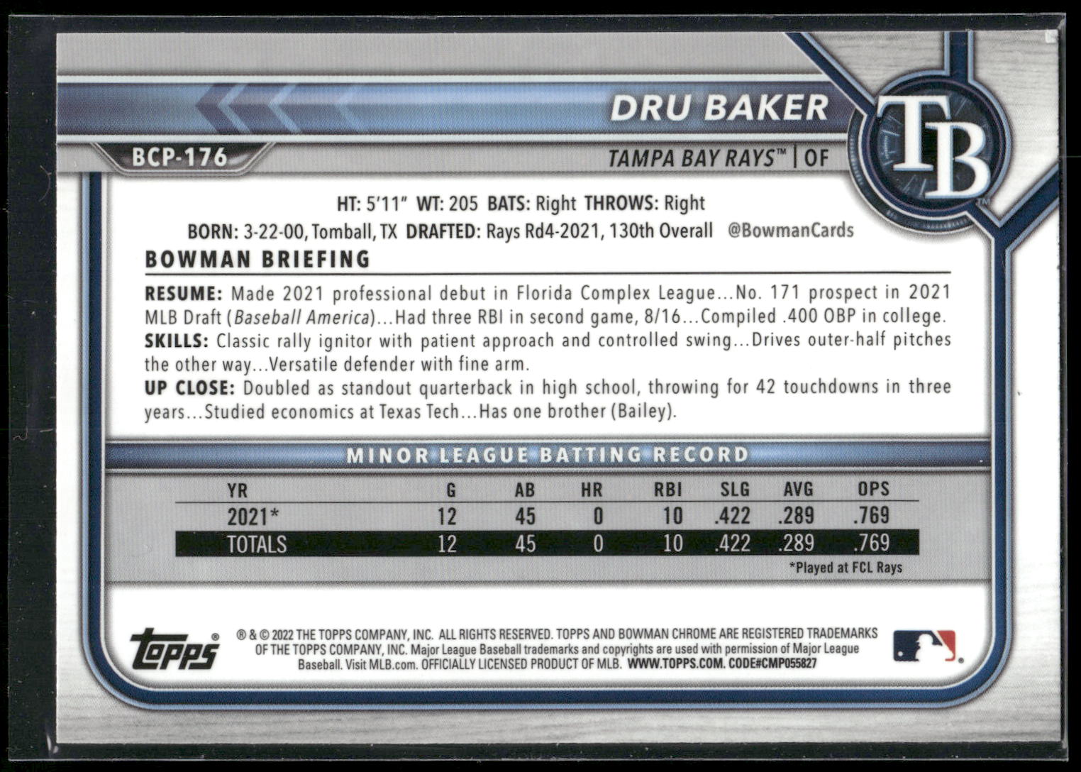 2022 Bowman Chrome #BCP-176 Dru Baker Prospects