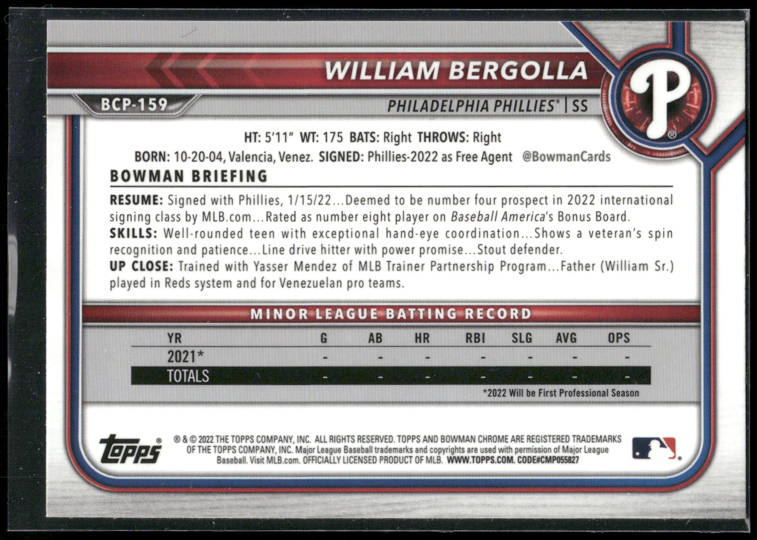 2022 Bowman Chrome #BCP-159 William Bergolla Prospects