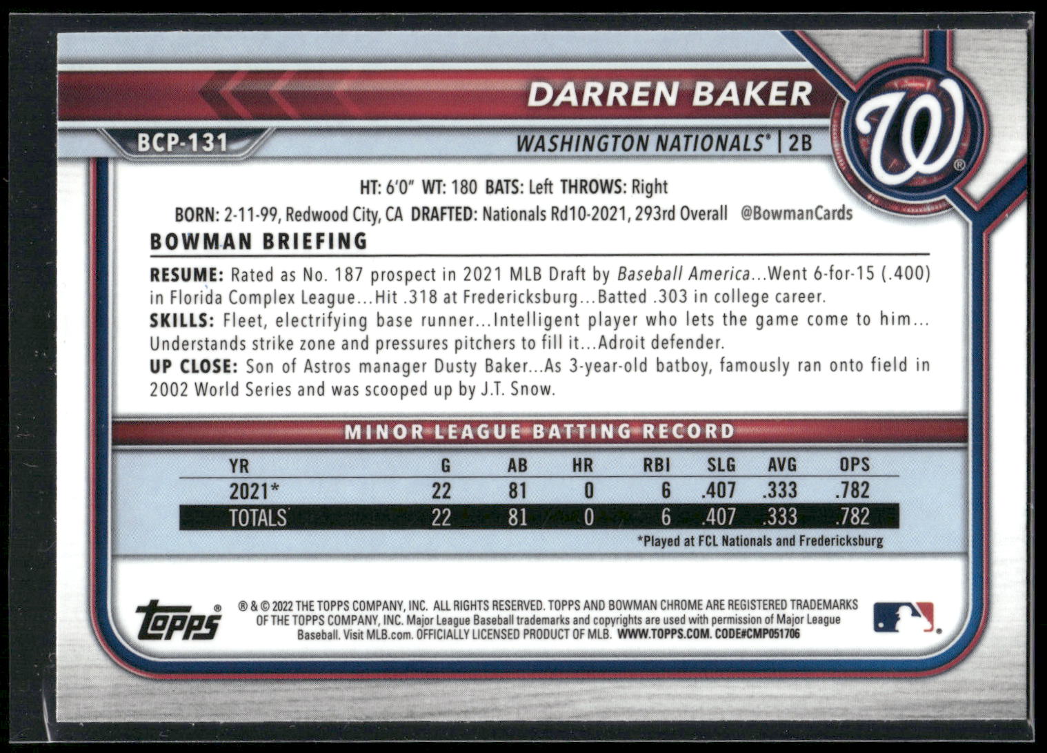 2022 Bowman #BCP-131 Darren Baker Chrome Prospects