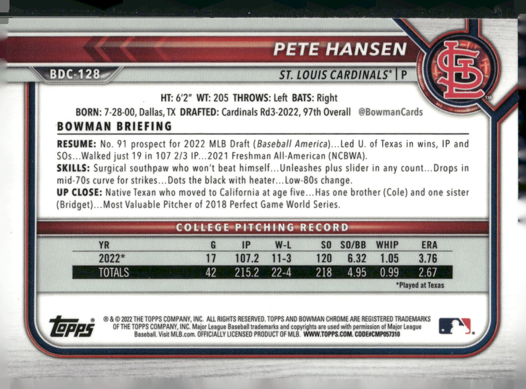 2022 Bowman Draft #BDC-128 Pete Hansen Chrome