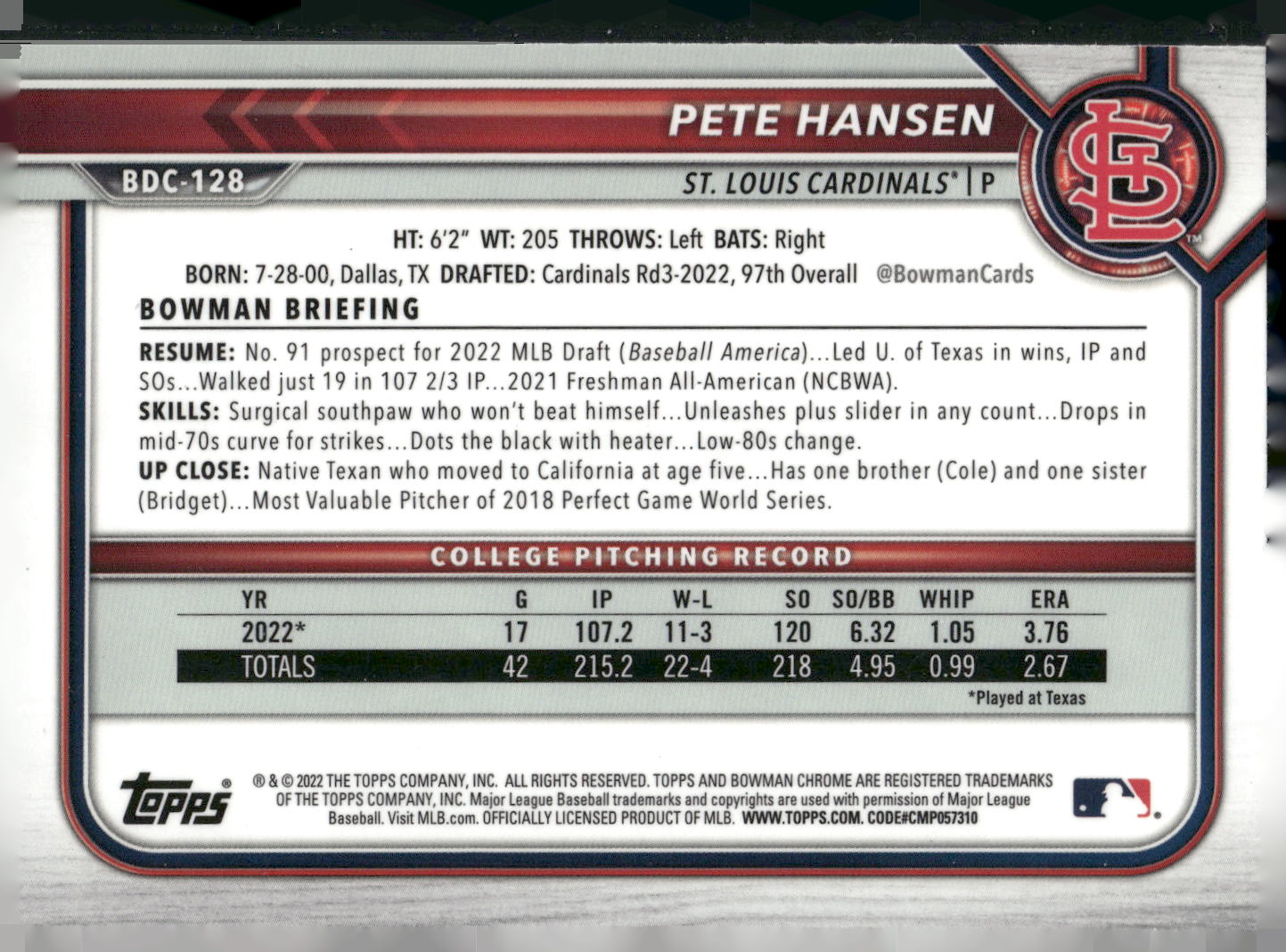 2022 Bowman Draft #BDC-128 Pete Hansen Chrome