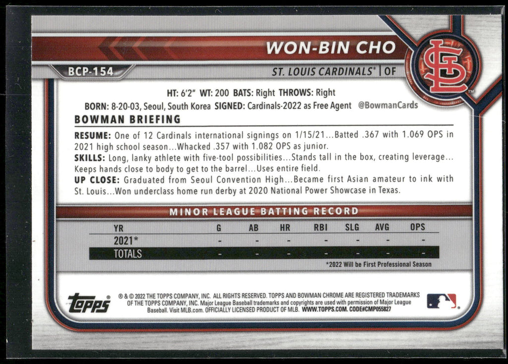 2022 Bowman Chrome #BCP-154 Won-Bin Cho Prospects