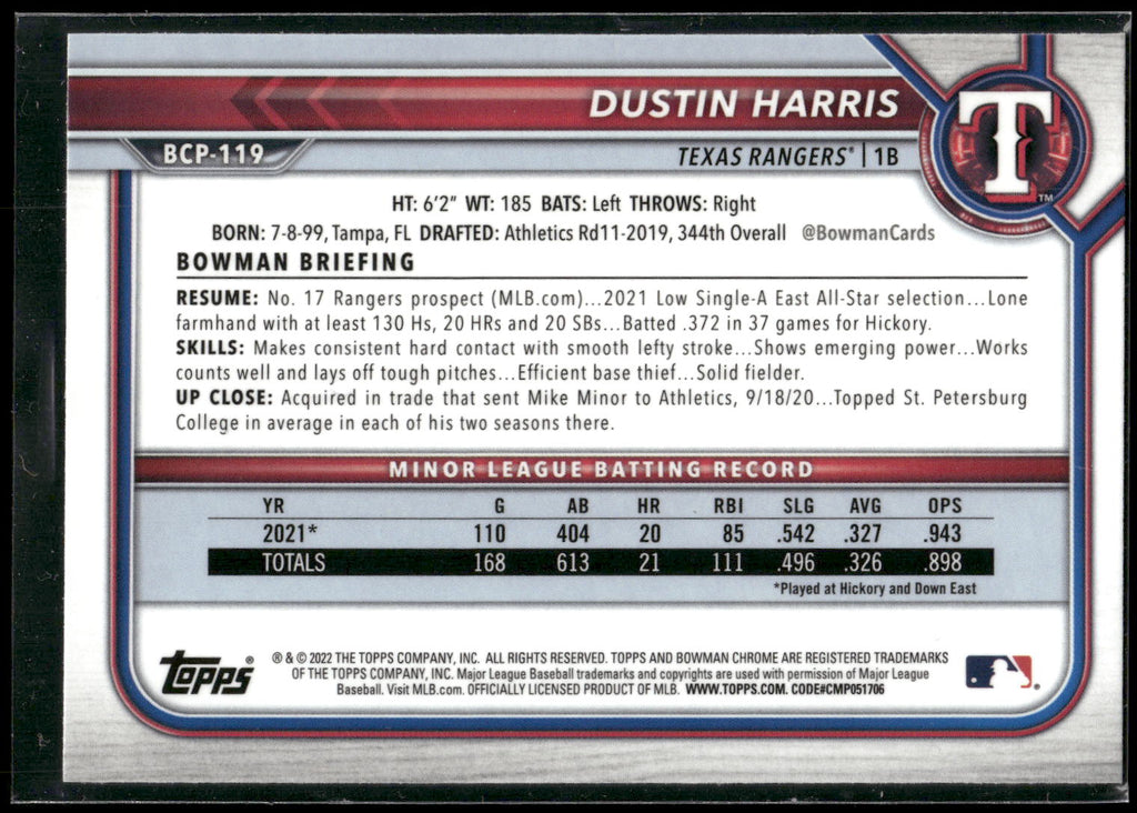 2022 Bowman #BCP-119 Dustin Harris Chrome Prospects