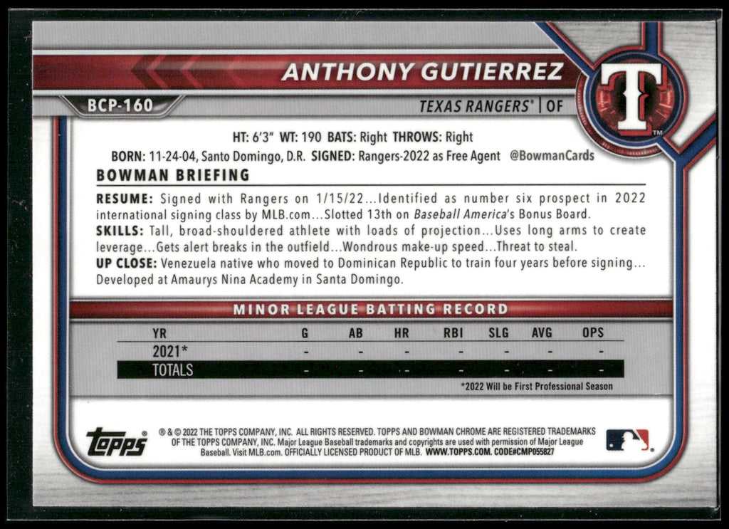 2022 Bowman Chrome #BCP-160 Anthony Gutierrez Prospects