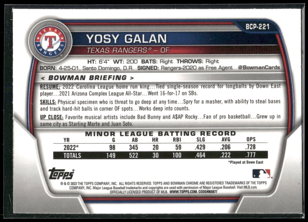 2023 Bowman Chrome #BCP-221 Yosy Galan Prospects
