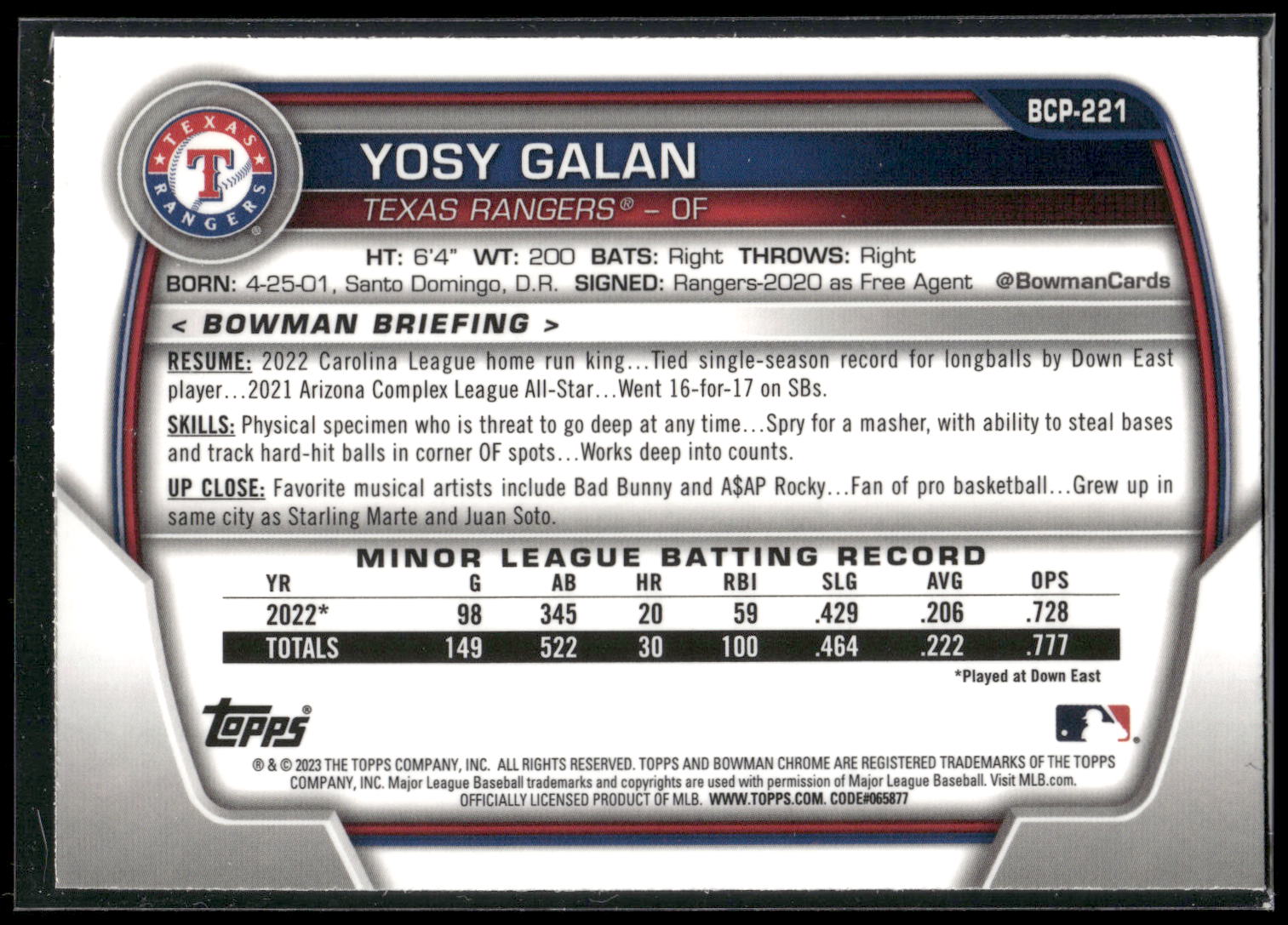 2023 Bowman Chrome #BCP-221 Yosy Galan Prospects