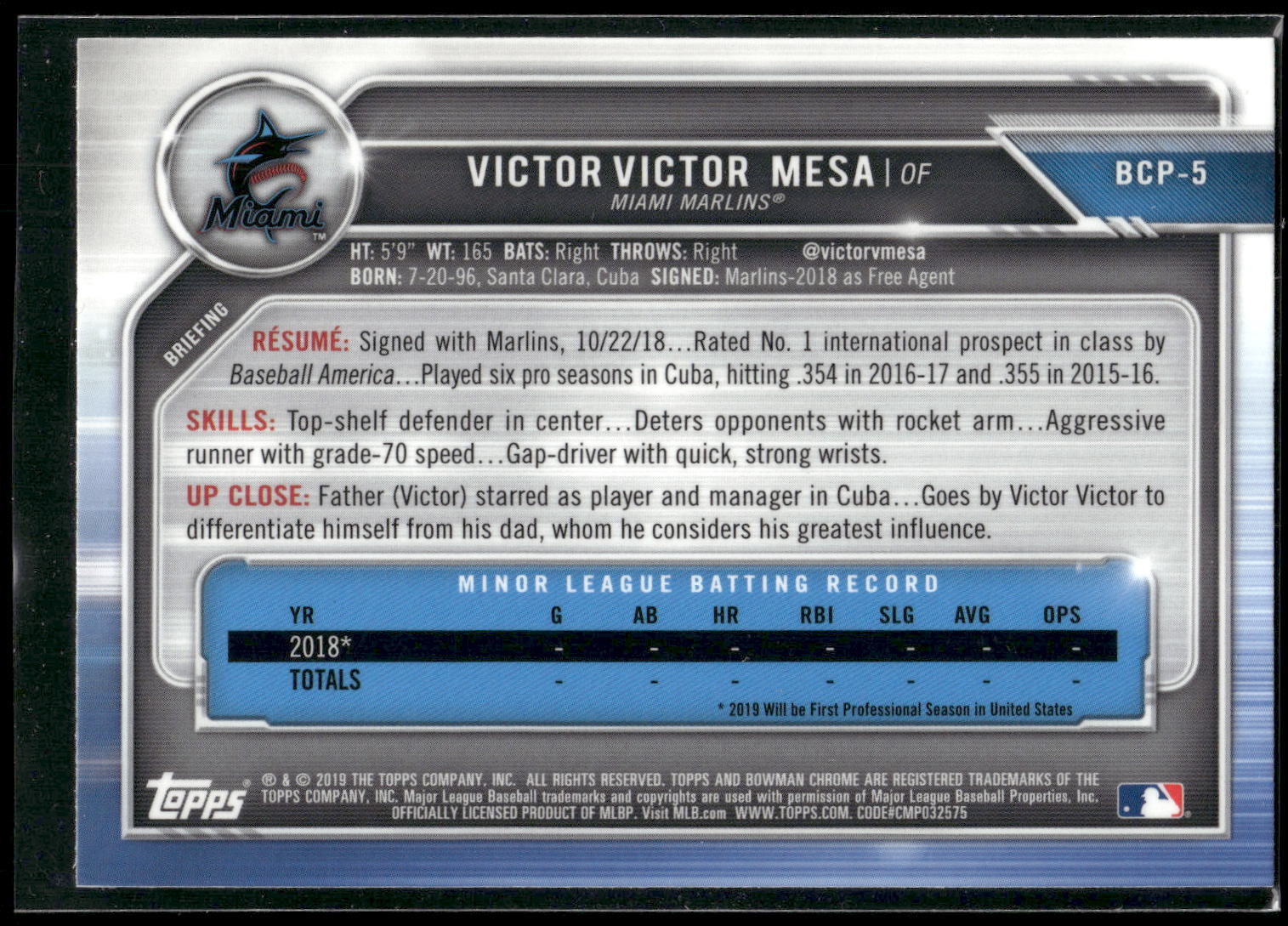 2019 Bowman #BCP-5 Victor Victor Mesa Chrome Prospects