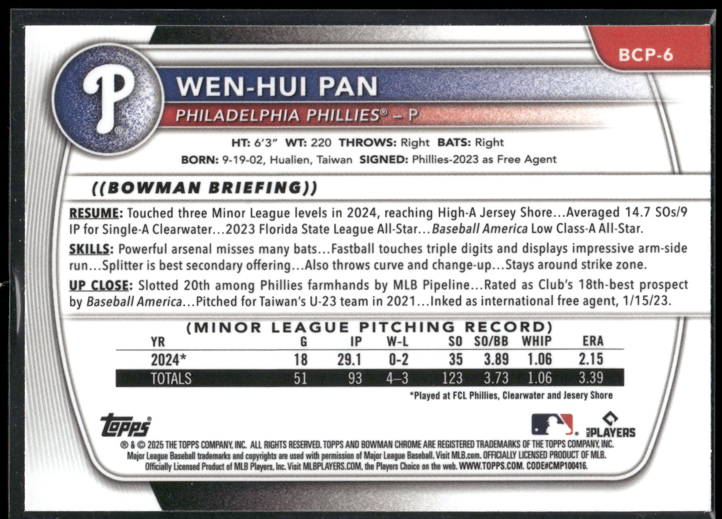 2025 Bowman #BCP-6 Wen-Hui Pan Chrome Prospects