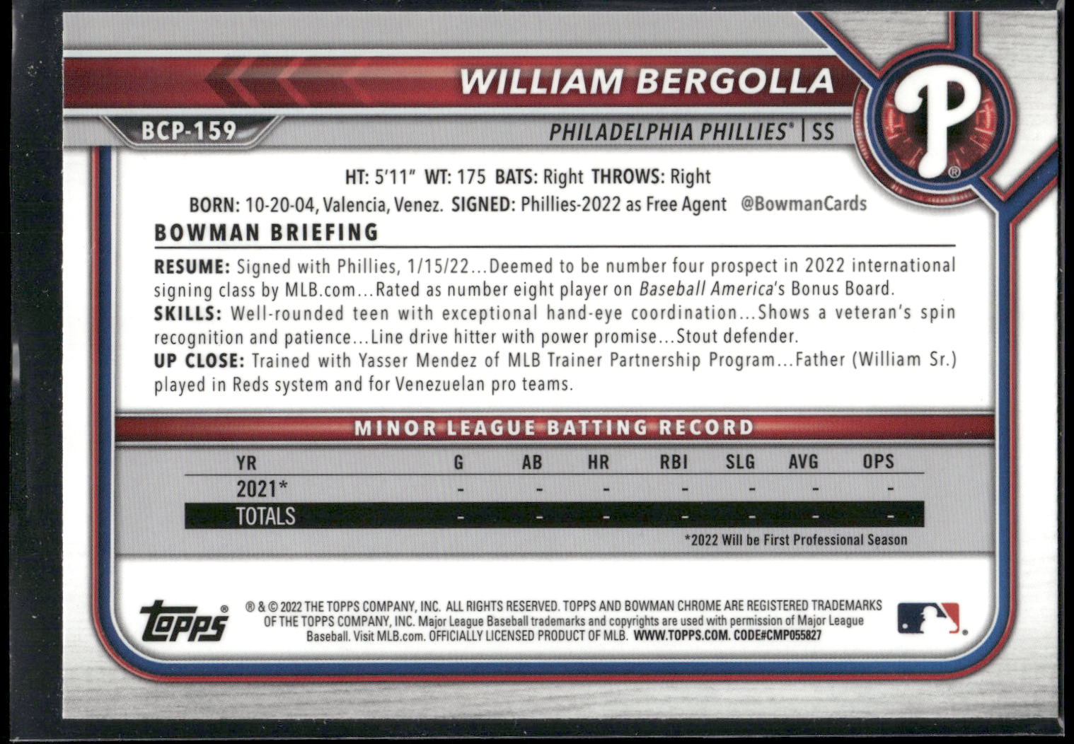 2022 Bowman Chrome #BCP-159 William Bergolla Prospects