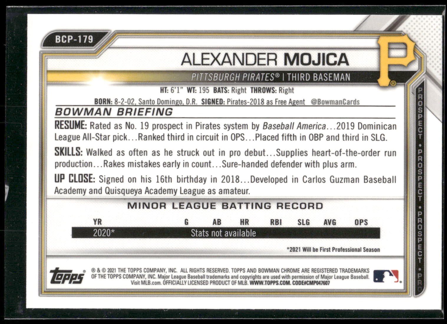 2021 Bowman Chrome #BCP-179 Alexander Mojica Prospects