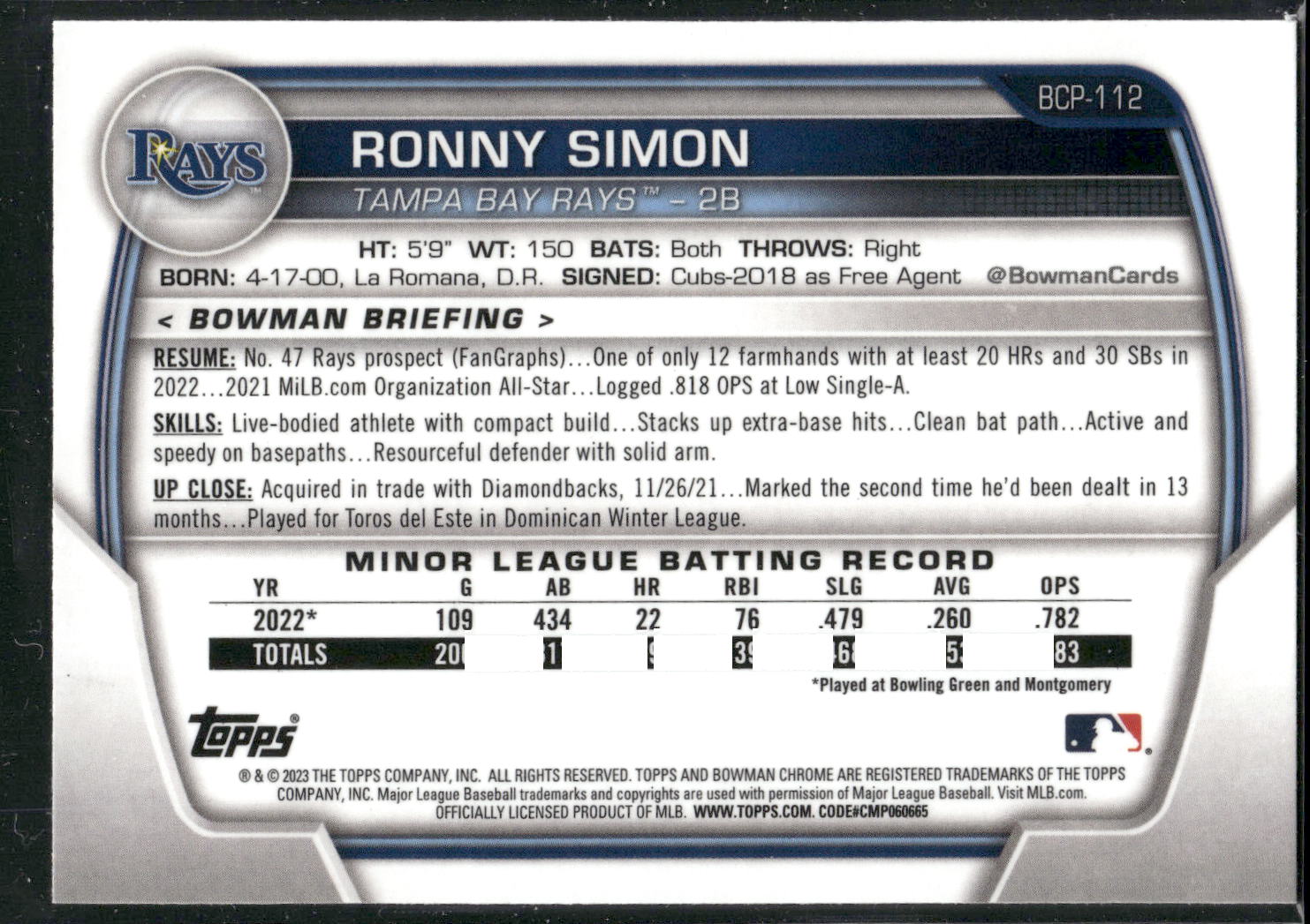 2023 Bowman #BCP-112 Ronny Simon Chrome Prospects