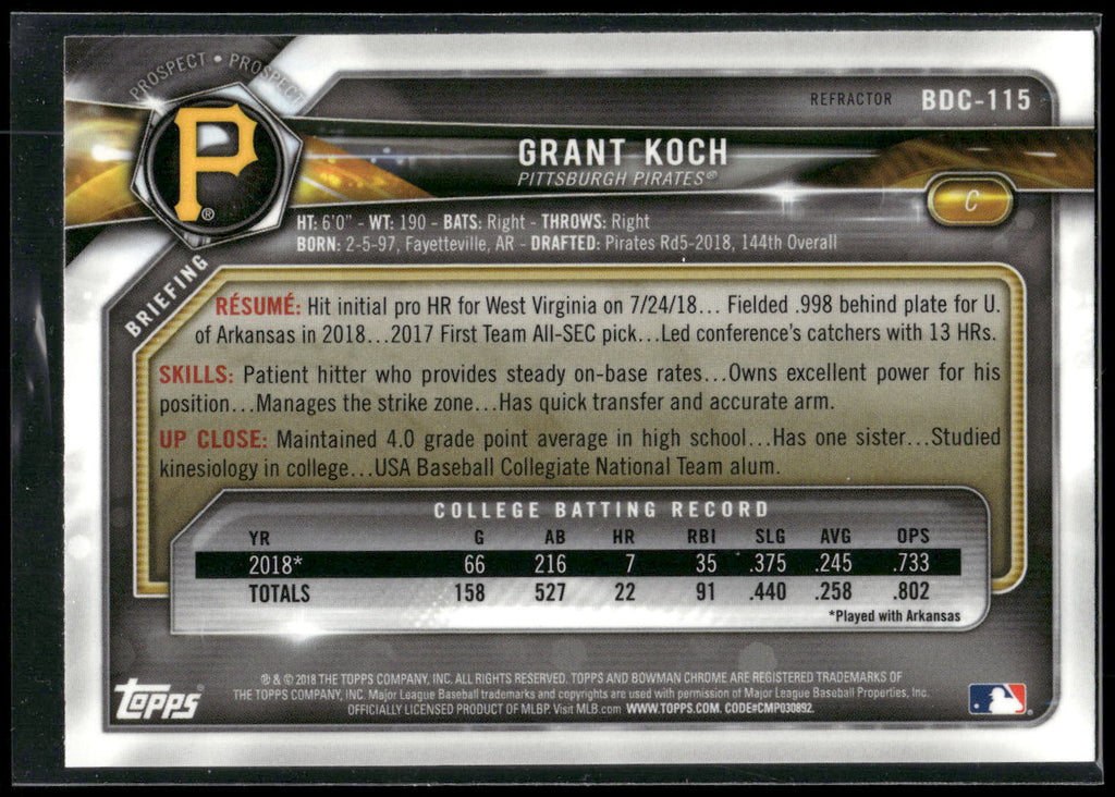 2018 Bowman Draft #BDC-115 Grant Koch Chrome
