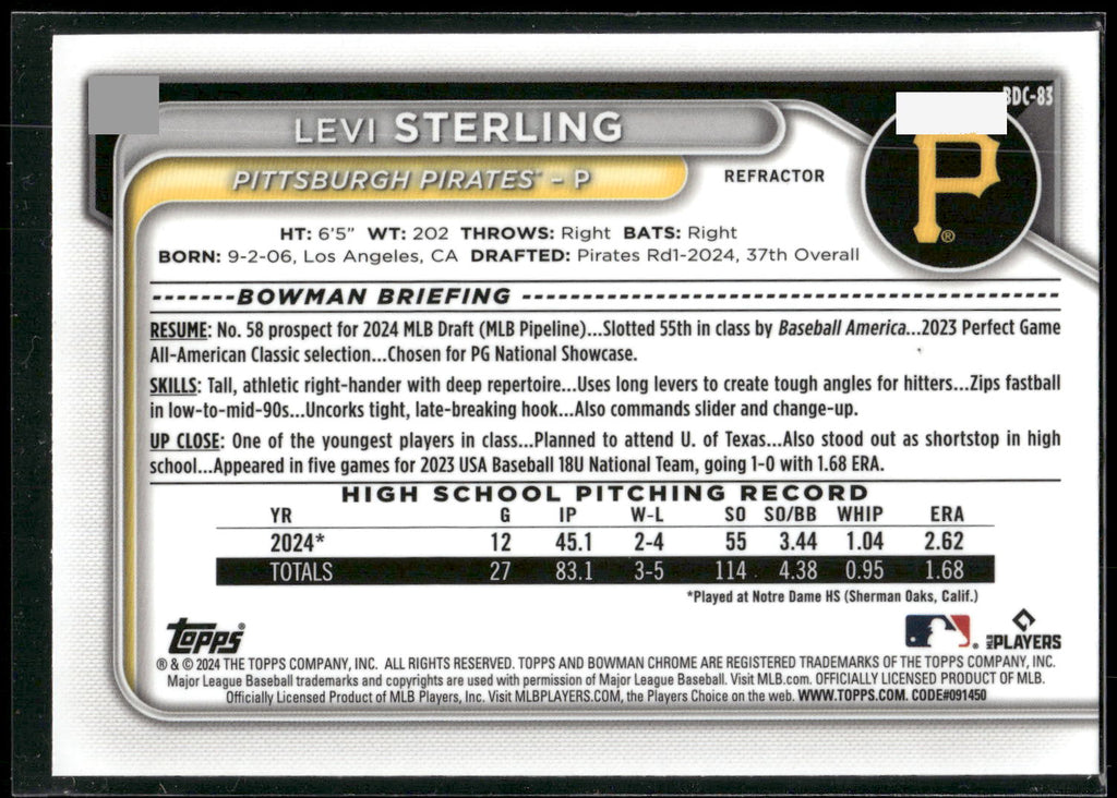 2024 Bowman Draft #BDC-83 Levi Sterling Chrome Refractor