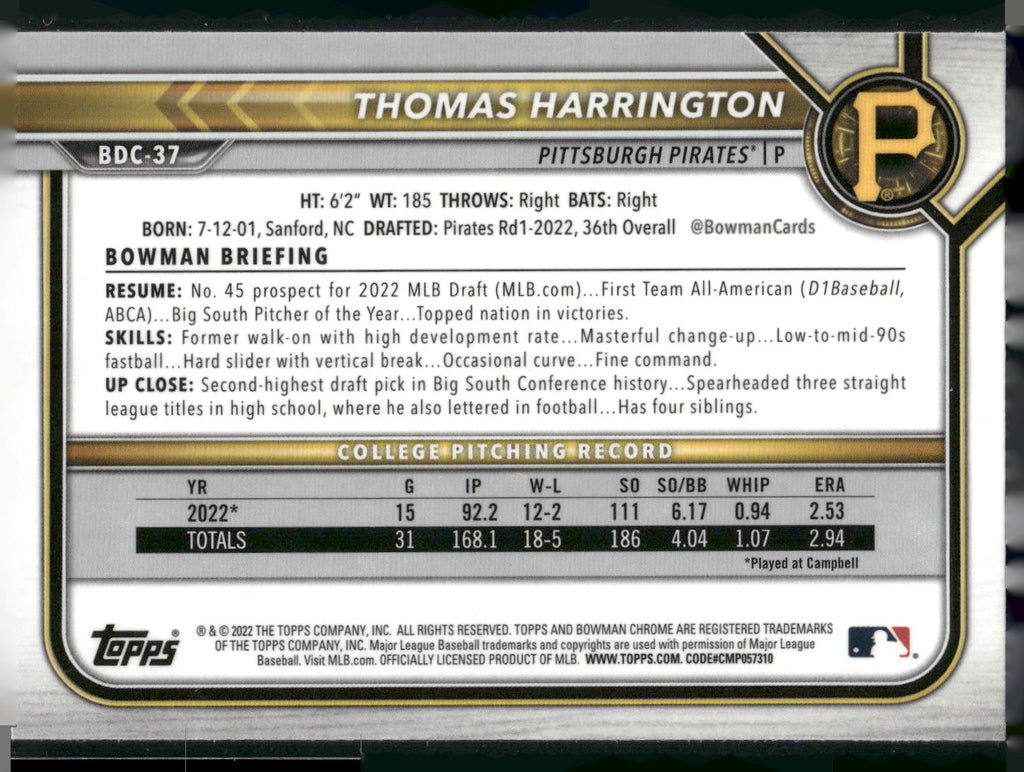 2022 Bowman Draft #BDC-37 Thomas Harrington Chrome