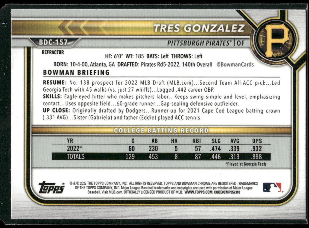 2022 Bowman Draft #BDC-157 Tres Gonzalez Chrome Refractor