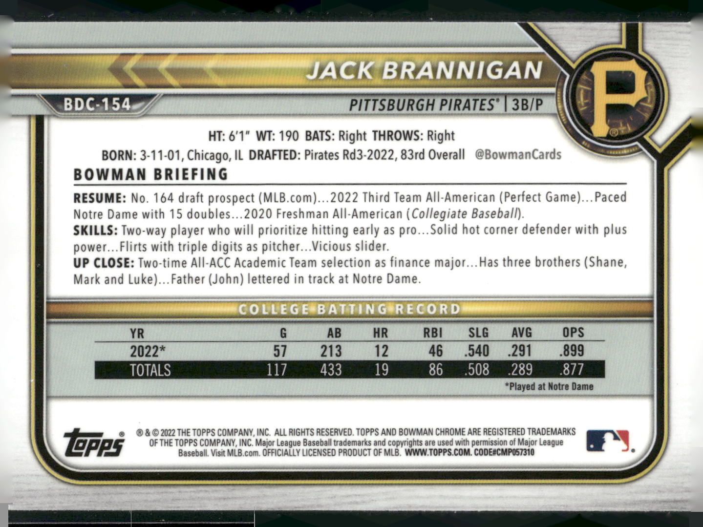 2022 Bowman Draft #BDC-154 Jack Brannigan Chrome