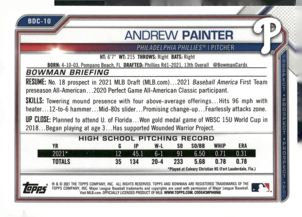 2021 Bowman Draft #BDC-10 Andrew Painter Chrome
