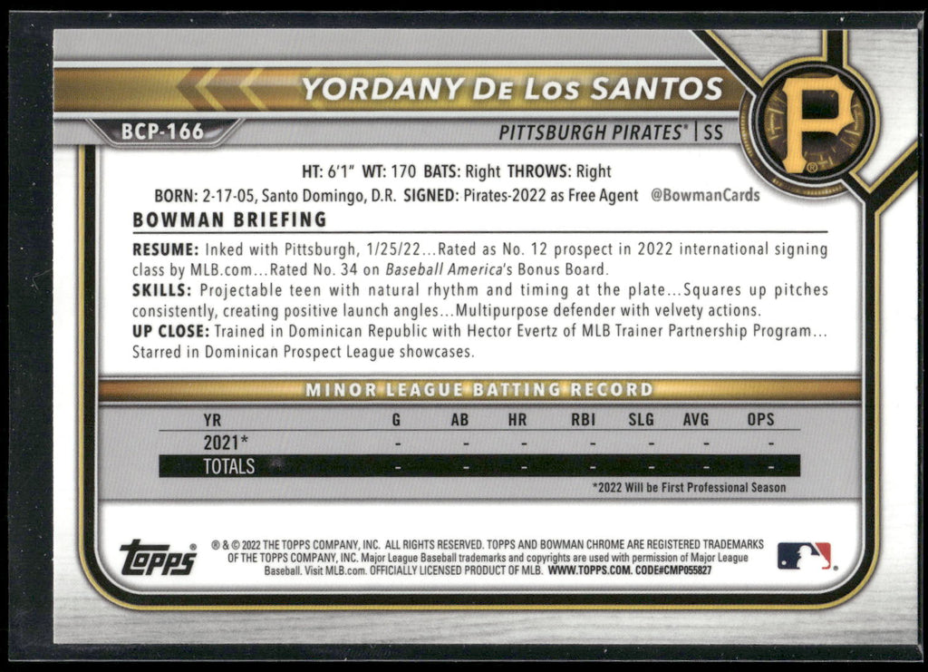 2022 Bowman Chrome #BCP-166 Yordany De Los Santos Prospects