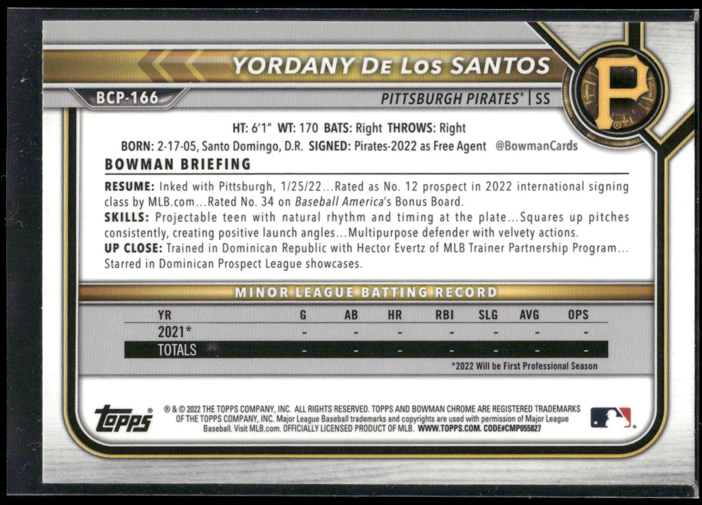 2022 Bowman Chrome #BCP-166 Yordany De Los Santos Prospects