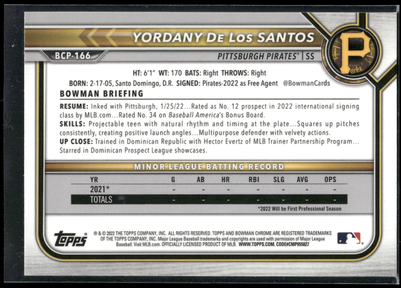 2022 Bowman Chrome #BCP-166 Yordany De Los Santos Prospects