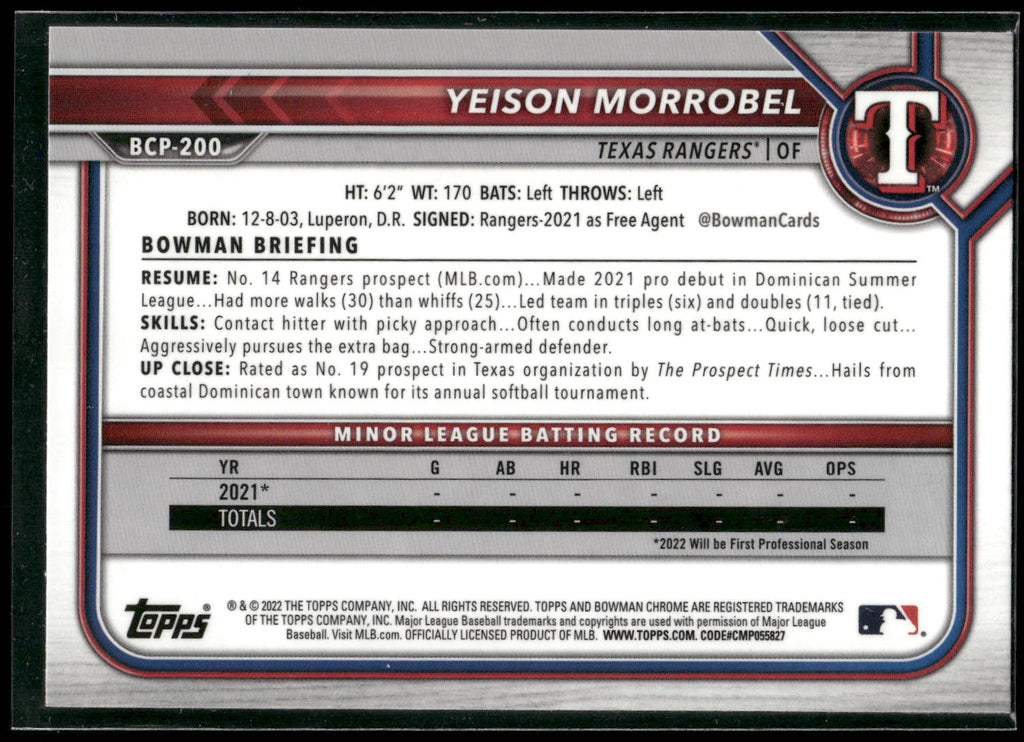 2022 Bowman Chrome #BCP-200 Yeison Morrobel Prospects