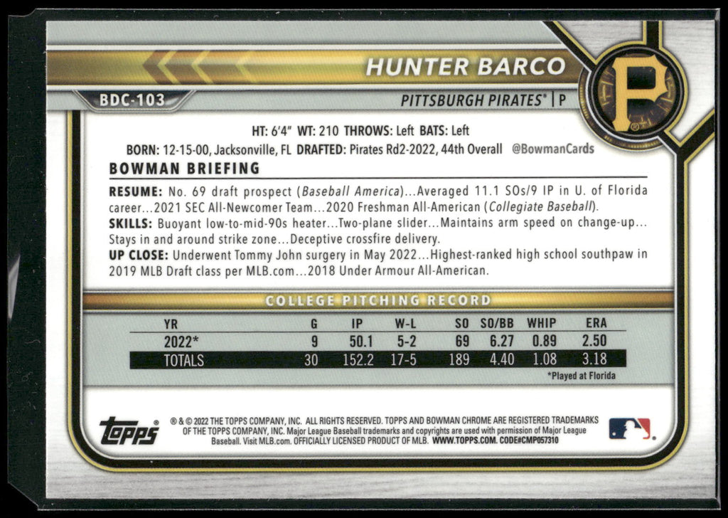 2022 Bowman Draft #BDC-103 Hunter Barco Chrome