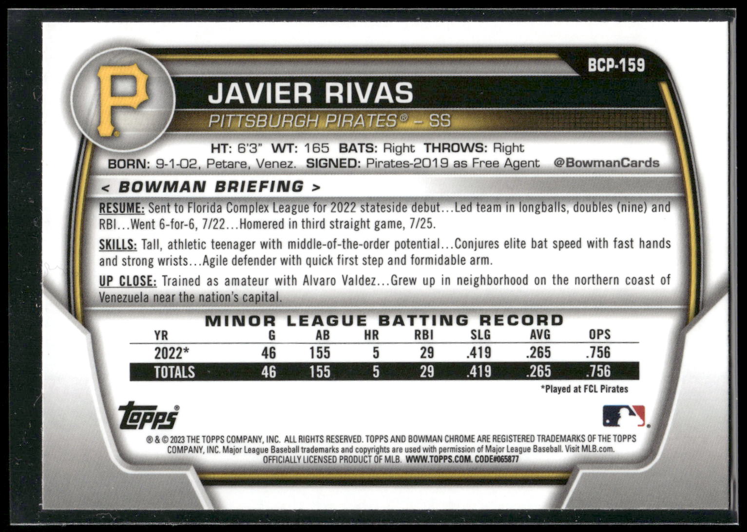 2023 Bowman Chrome #BCP-159 Javier Rivas Prospects