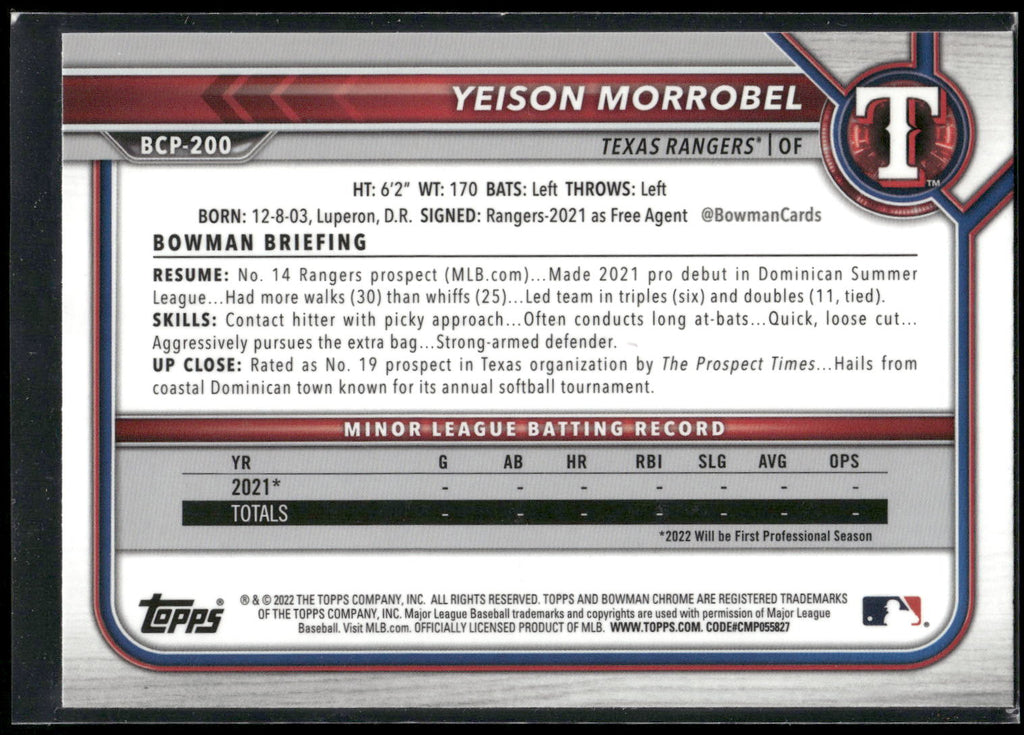 2022 Bowman Chrome #BCP-200 Yeison Morrobel Prospects