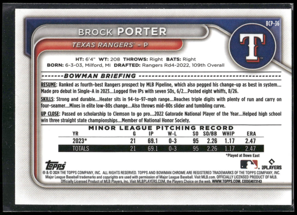 2024 Bowman #BCP-36 Brock Porter Chrome Prospects
