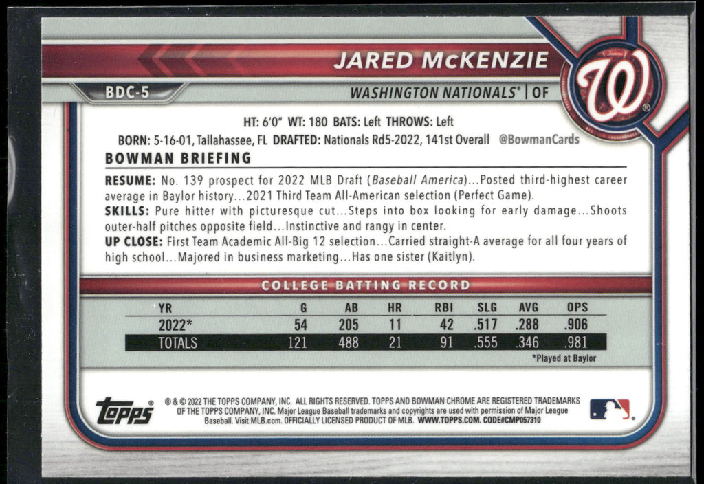 2022 Bowman Draft #BDC-5 Jared McKenzie Chrome