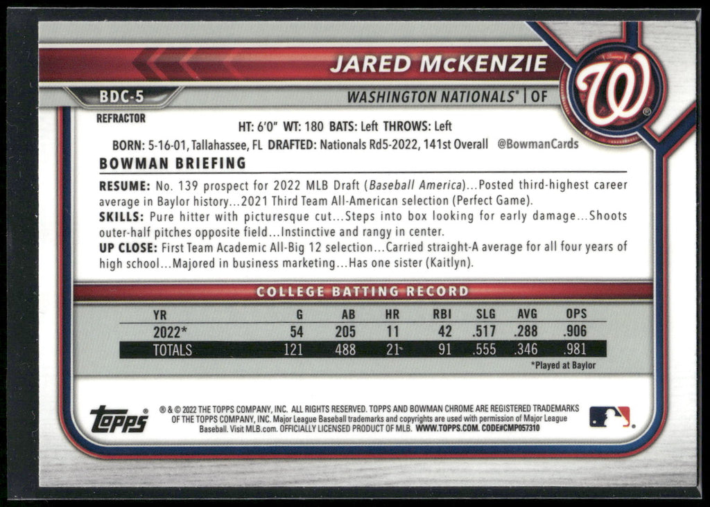2022 Bowman Draft #BDC-5 Jared McKenzie Chrome Refractor