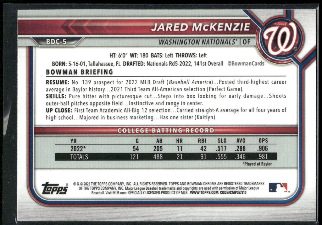 2022 Bowman Draft #BDC-5 Jared McKenzie Chrome