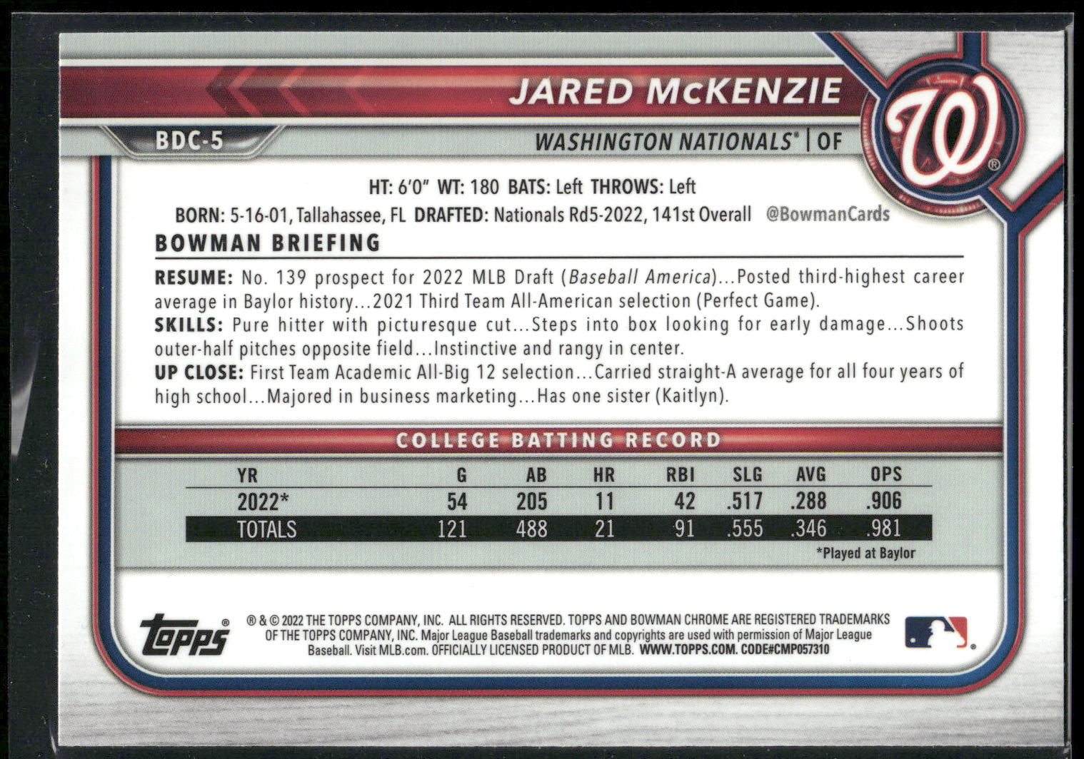 2022 Bowman Draft #BDC-5 Jared McKenzie Chrome