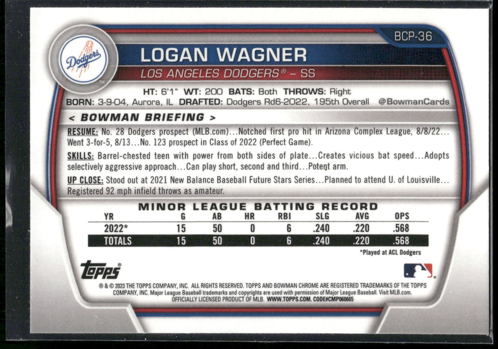 2023 Bowman #BCP-36 Logan Wagner Chrome Prospects