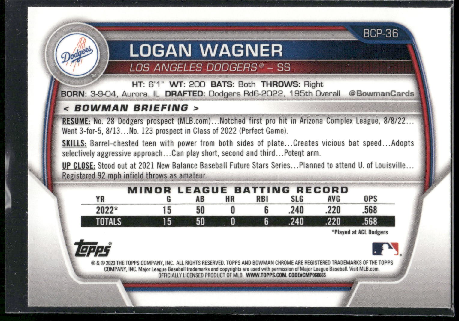 2023 Bowman #BCP-36 Logan Wagner Chrome Prospects