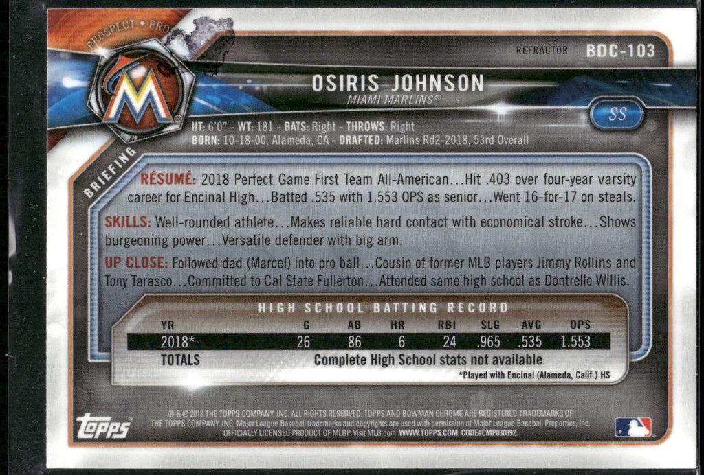 2018 Bowman Draft #BDC-103 Osiris Johnson Chrome Refractors