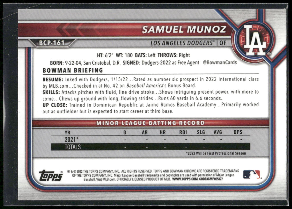 2022 Bowman Chrome #BCP-161 Samuel Munoz Prospects
