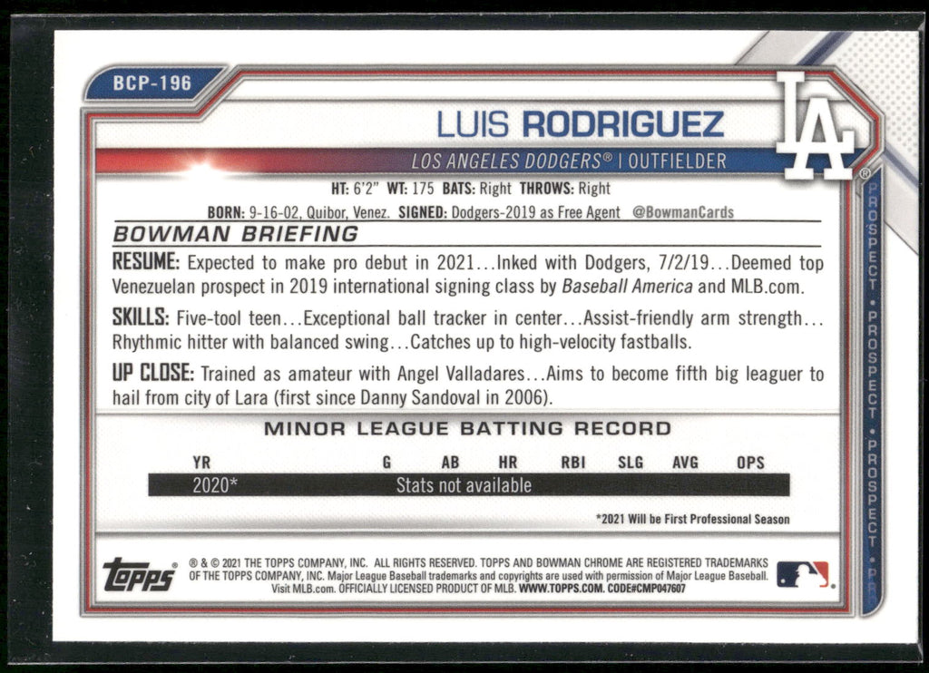 2021 Bowman Chrome #BCP-196 Luis Rodriguez Prospects