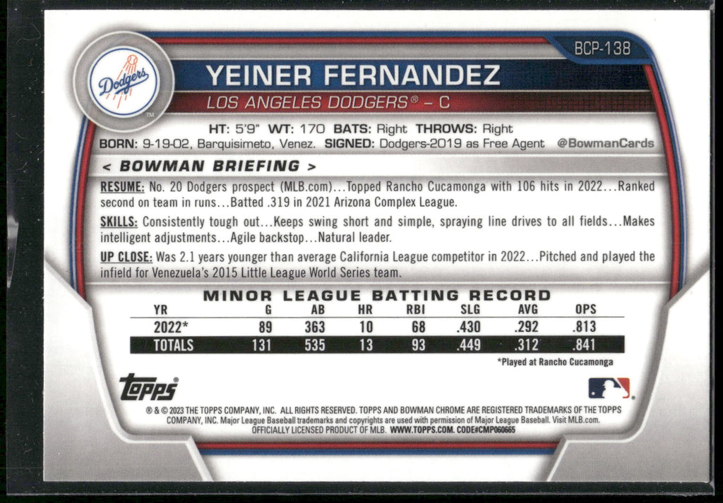 2023 Bowman #BCP-138 Yeiner Fernandez Chrome Prospects