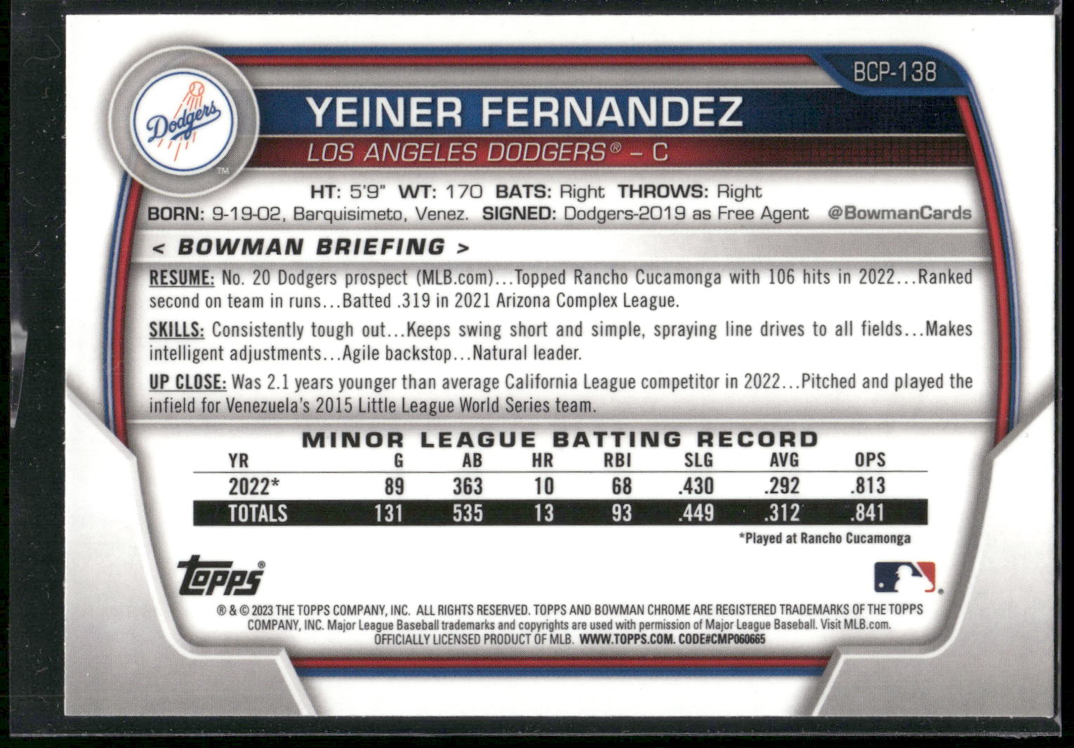 2023 Bowman #BCP-138 Yeiner Fernandez Chrome Prospects